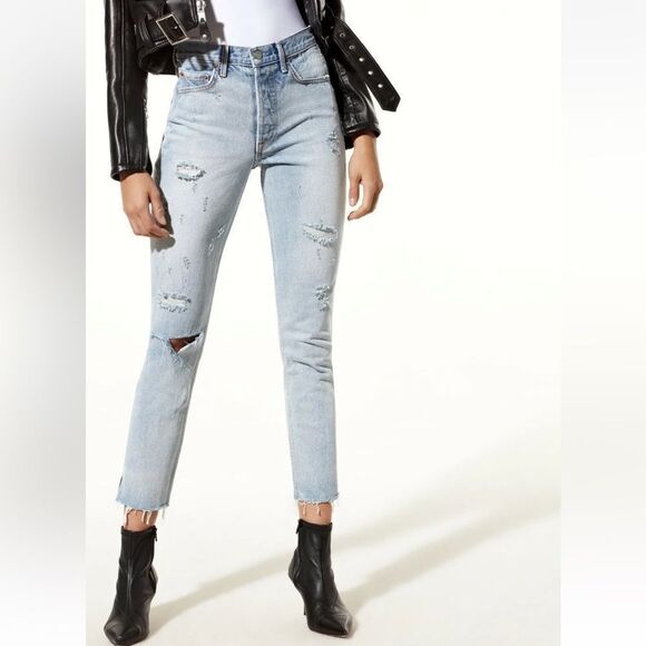 GRLFRND Karolina Don't Cry Daddy Raw Hem Cropped Ankle Jeans, Size 24 - Picture 1 of 15